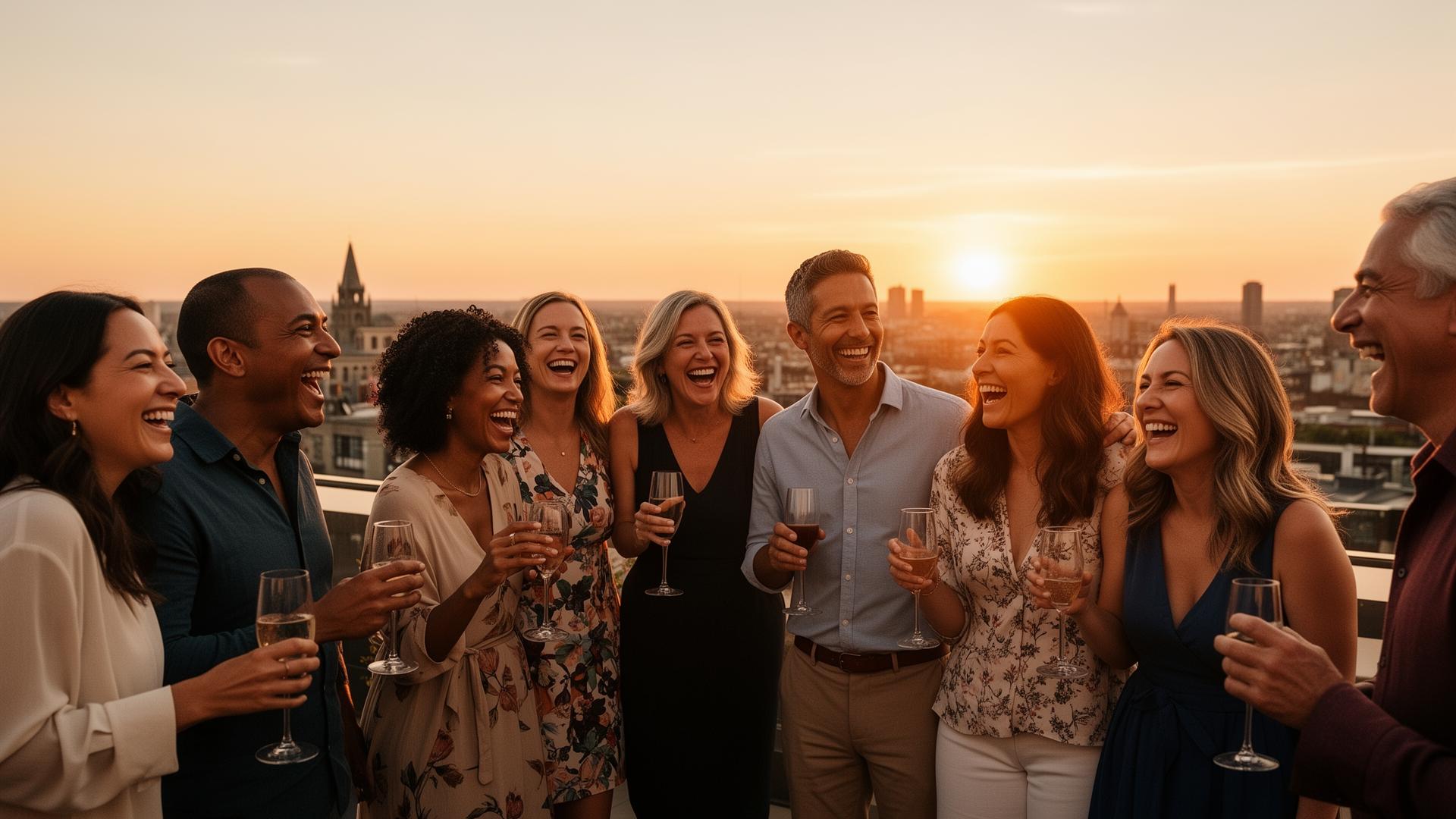 Friends celebrating together at golden hour